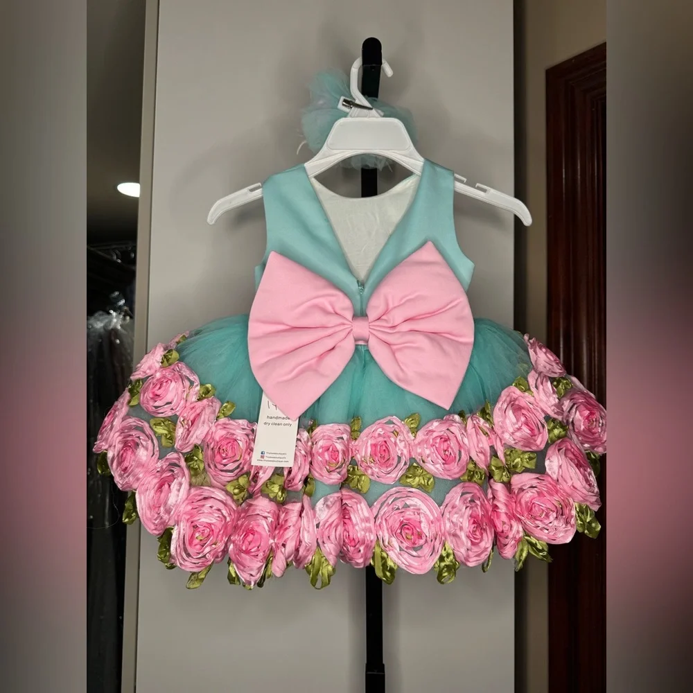 Handmade Floral Kids dress with Pink and Green Accents - Picture 2 of 3